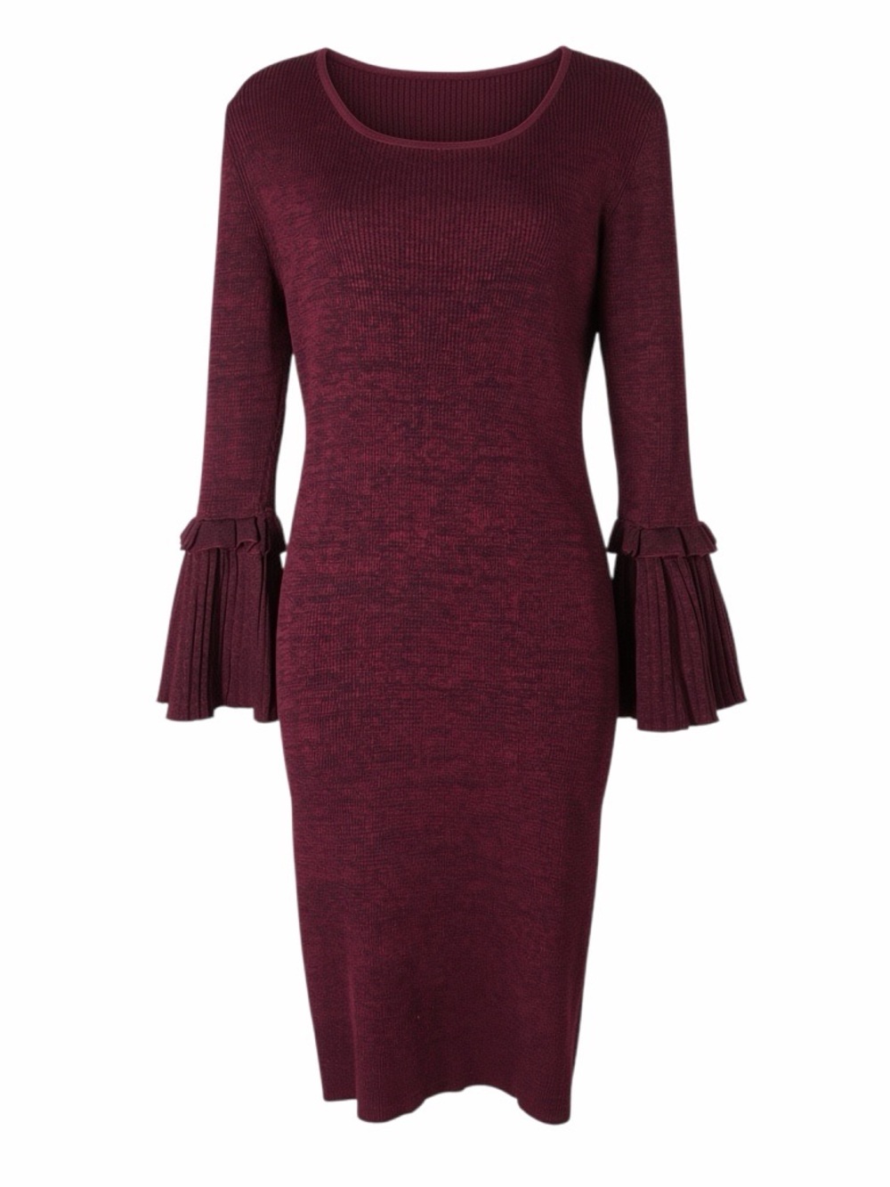 Nina Leonard Burgundy Knit Midi Dress with Pleated Bell Sleeves